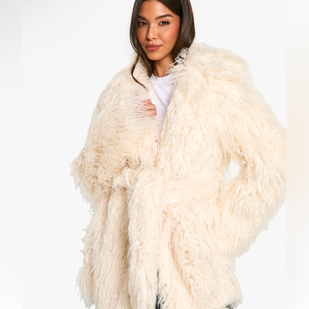 Women's Faux Mongolian Fur Coat Belted Cream White Jacket Long Texture Sweater